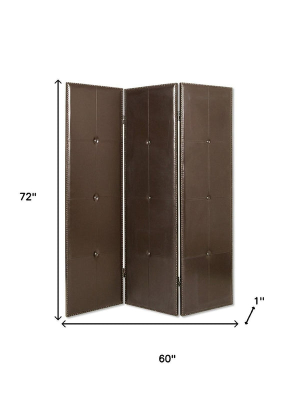 HomeRoots 60" Brown Faux Leather Folding Room Divider Screen - Elegant 3-Panel Design with Antique Brass Accents 274879