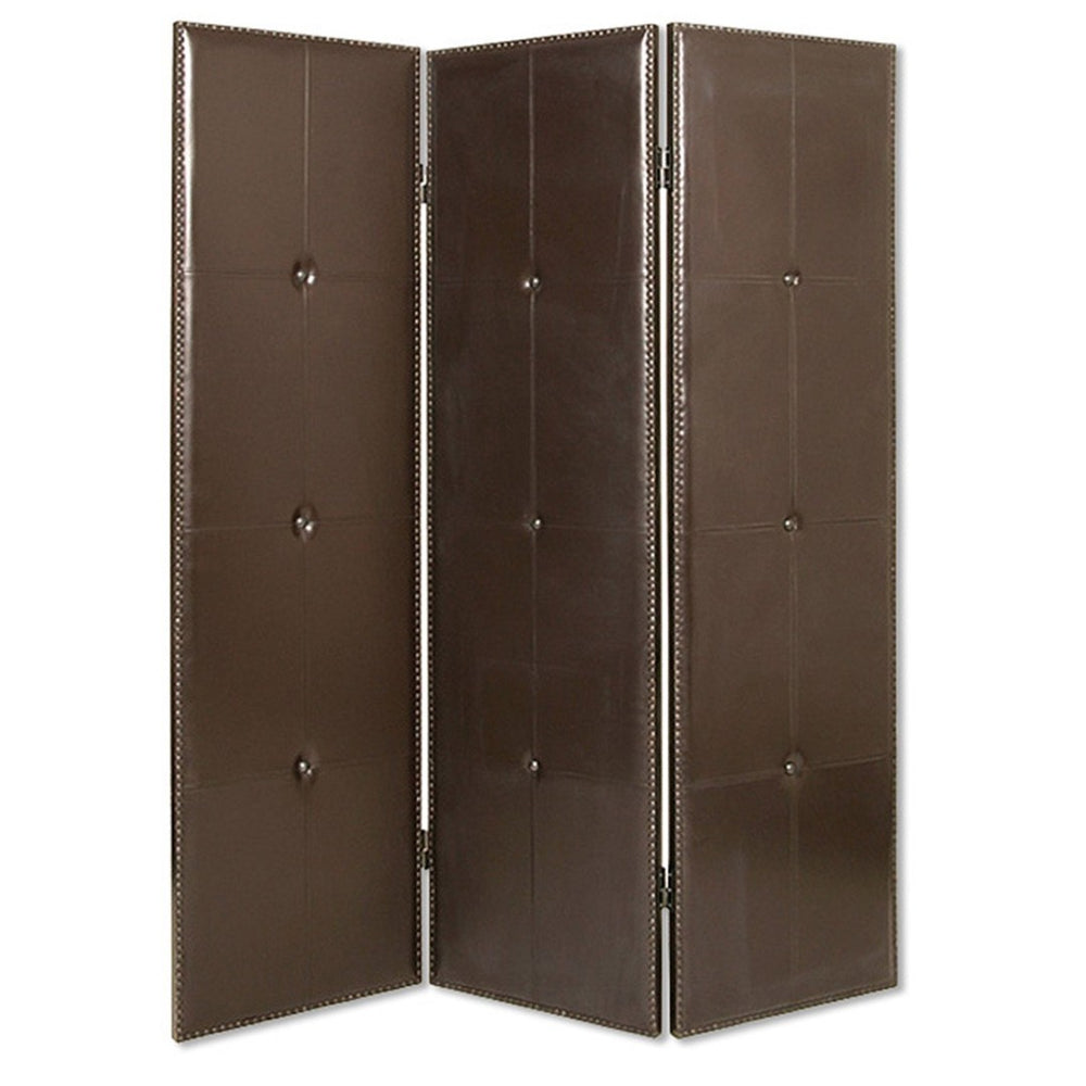 HomeRoots 60" Brown Faux Leather Folding Room Divider Screen - Elegant 3-Panel Design with Antique Brass Accents 274879