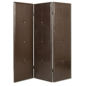 HomeRoots 60" Brown Faux Leather Folding Room Divider Screen - Elegant 3-Panel Design with Antique Brass Accents 274879