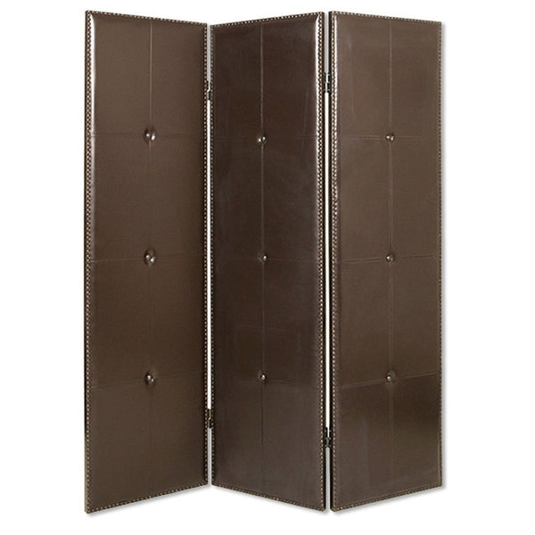 HomeRoots 60" Brown Faux Leather Folding Room Divider Screen - Elegant 3-Panel Design with Antique Brass Accents 274879