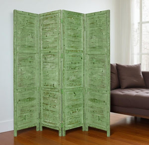 HomeRoots 76" Elegant Four-Panel Wooden Screen - Handcrafted Cedar Divider for Stylish Home Décor & Privacy Green 274882