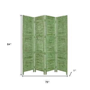 HomeRoots 76" Elegant Four-Panel Wooden Screen - Handcrafted Cedar Divider for Stylish Home Décor & Privacy Green 274882