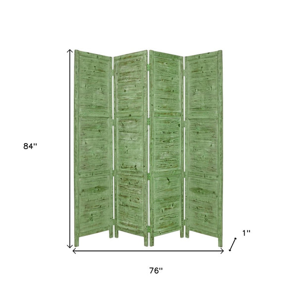 HomeRoots 76" Elegant Four-Panel Wooden Screen - Handcrafted Cedar Divider for Stylish Home Décor & Privacy Green 274882