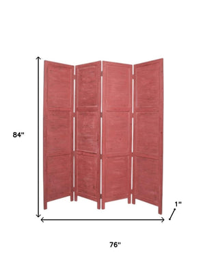 HomeRoots 76" Elegant Four-Panel Wooden Screen - Handcrafted Cedar Divider for Stylish Home Décor & Privacy Red 274884
