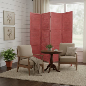 HomeRoots 76" Elegant Four-Panel Wooden Screen - Handcrafted Cedar Divider for Stylish Home Décor & Privacy Red 274884