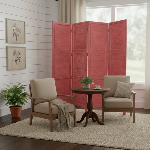 HomeRoots 76" Elegant Four-Panel Wooden Screen - Handcrafted Cedar Divider for Stylish Home Décor & Privacy Red 274884