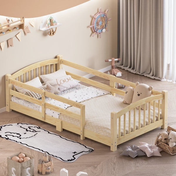 English Elm Twin Montessori Floor Bed Solid Pine Frame with Safety Guardrails for Kids Bedroom Natural N733P400298N