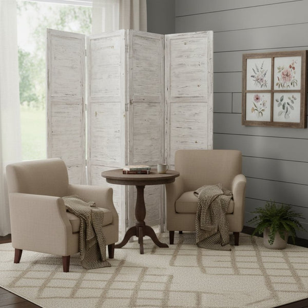 HomeRoots 76" Elegant Four-Panel Wooden Screen - Handcrafted Cedar Divider for Stylish Home Décor & Privacy White 274885