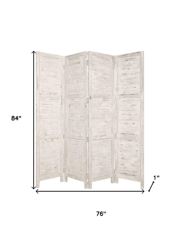 HomeRoots 76" Elegant Four-Panel Wooden Screen - Handcrafted Cedar Divider for Stylish Home Décor & Privacy White 274885