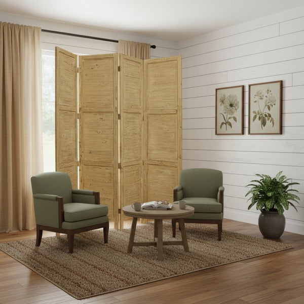 HomeRoots 76" Elegant Four-Panel Wooden Screen - Handcrafted Cedar Divider for Stylish Home Décor & Privacy Yellow 274886