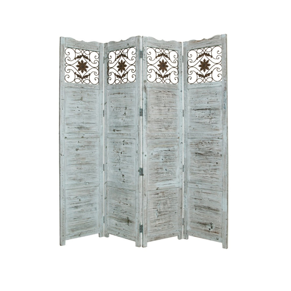 HomeRoots 76" Four-Panel Wood Screen - Handcrafted Room Divider with Vintage Charm for Any Interior Style Blue 274887