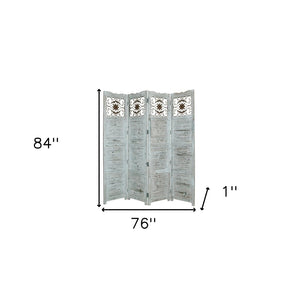 HomeRoots 76" Four-Panel Wood Screen - Handcrafted Room Divider with Vintage Charm for Any Interior Style Blue 274887