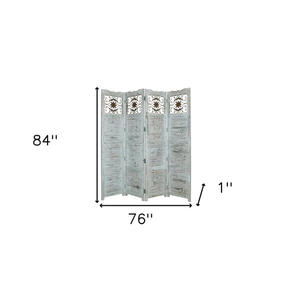 HomeRoots 76" Four-Panel Wood Screen - Handcrafted Room Divider with Vintage Charm for Any Interior Style Blue 274887