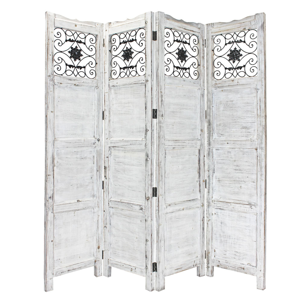 Homeroots Gray Wash 4 Panel With Scroll Work Room Divider Screen White Wood 274888