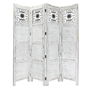 Homeroots Gray Wash 4 Panel With Scroll Work Room Divider Screen White Wood 274888