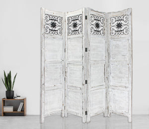 Homeroots Gray Wash 4 Panel With Scroll Work Room Divider Screen White Wood 274888