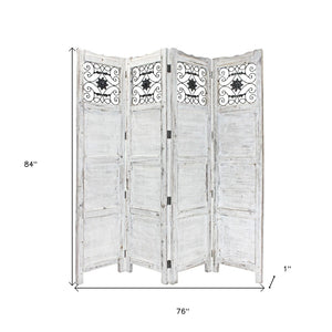 HomeRoots 76" Four-Panel Wood Screen - Handcrafted Room Divider with Vintage Charm for Any Interior Style White 274888