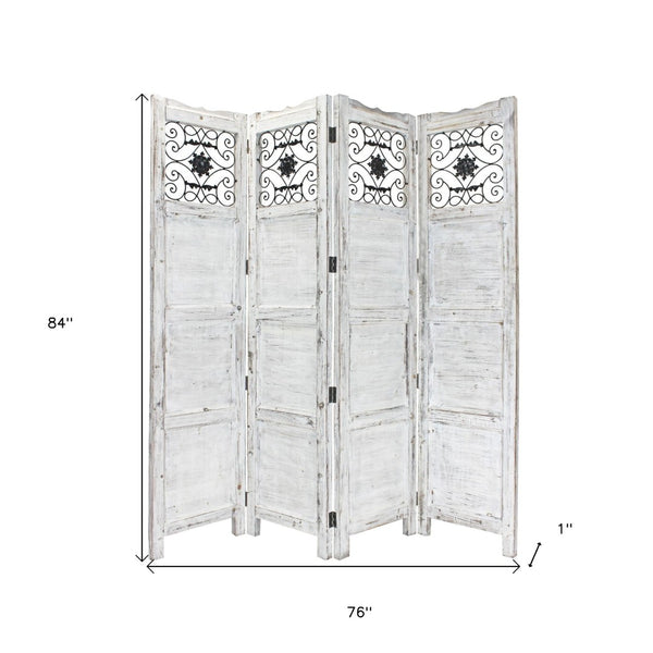 HomeRoots 76" Four-Panel Wood Screen - Handcrafted Room Divider with Vintage Charm for Any Interior Style White 274888