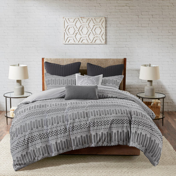 English Elm Cotton Jacquard Comforter Mini Set with Eyelash Stripe Detail, OEKO-TEX Certified, King/Cal King Grey+Black 21.65 L x 22.44 W x 8.27 H B035128809