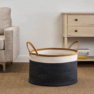 English Elm Cotton Round Laundry & Storage Basket with Sturdy Handles 21.7"x13" Spacious Neutral Two-Tone Design Brown+Gray,White B093P295103