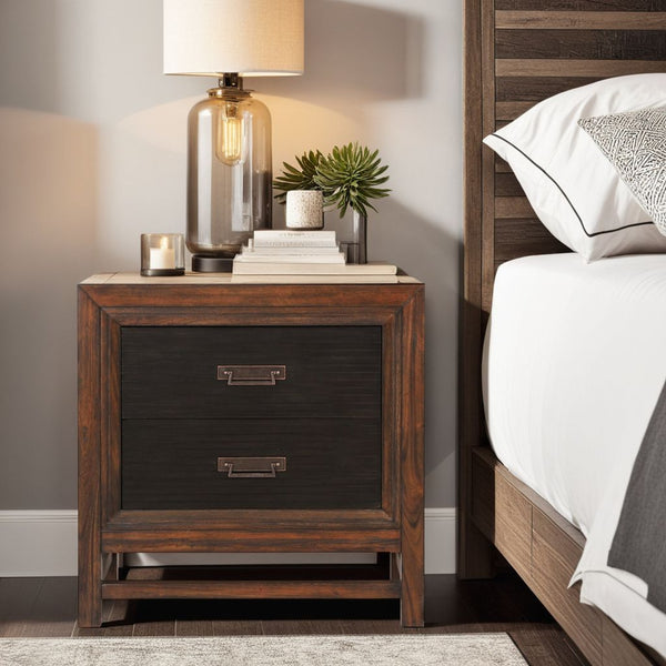 English Elm Two-Drawer Nightstand Rustic Buckeye & Black Finish with Felt-Lined Drawer, Antique Brass Hardware, Fully Assembled and Phone Charging Ready B108P163825