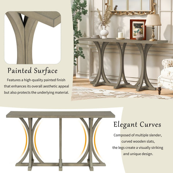 English Elm U-style Farmhouse Console Table Oak Veneer Top Curved Rubberwood Legs Entryway Gray N711P295300E