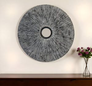 HomeRoots 30" Contemporary Grey Round Rib Wall Art - Textured Sandstone Sculpture for Modern Spaces 274913