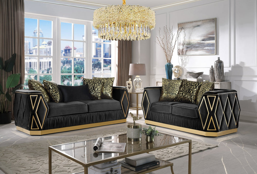 English Elm Cavalli Diamond Upholstered Sofa and Loveseat Set with Gold Accents for Modern Living Black+Gold B009S02182