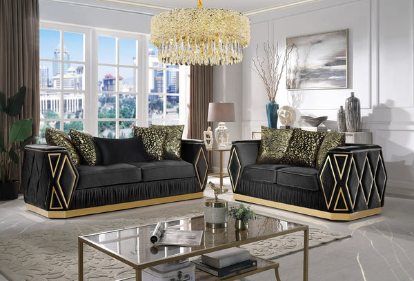 English Elm Cavalli Diamond Upholstered Sofa and Loveseat Set with Gold Accents for Modern Living Black+Gold B009S02182