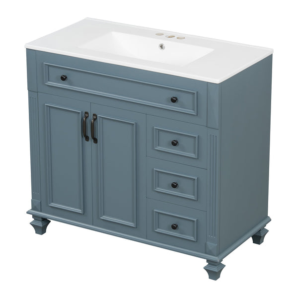 English Elm 36" Modern Bathroom Vanity with Ceramic Sink, Gold Handles, Flip-Out Drawer & Soft-Close Doors Blue Gray N725P283623C