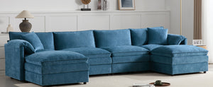 English Elm [new U-shaped Chenille Cloud Sectional 6 Seat Modular Sofa with Movable Ottoman Blue N723S6546C