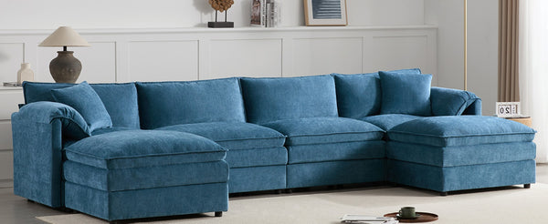 English Elm [new U-shaped Chenille Cloud Sectional 6 Seat Modular Sofa with Movable Ottoman Blue N723S6546C