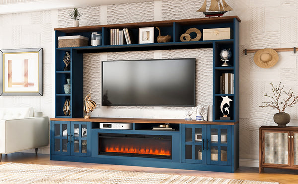 English Elm U-can Modern Farmhouse Wall Unit with Electric Fireplace Bookshelves and Glass Cabinet Doors Navy Blue SJ000153AAN