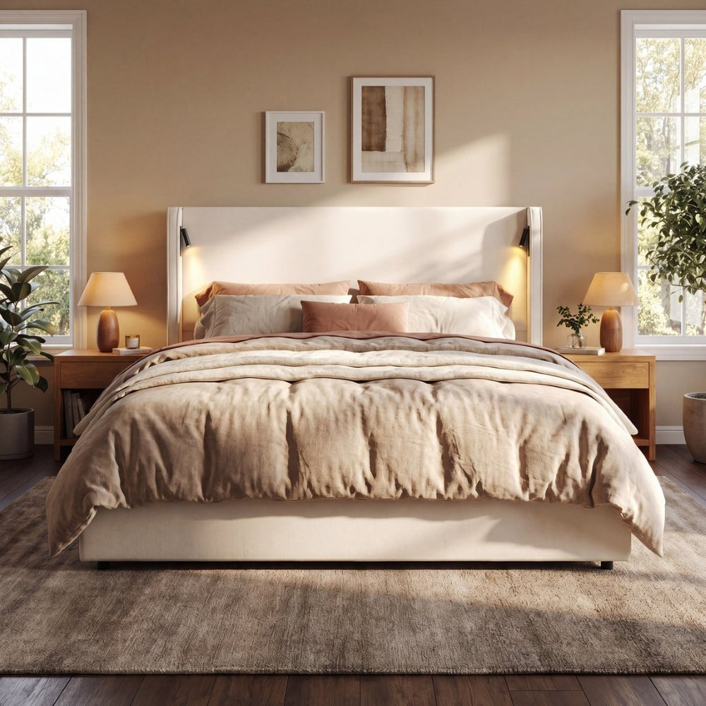 English Elm California King Wingback Linen Bed with Built-in Reading Lamp and Usb Charging Port N757P386661B