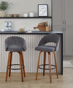 English Elm Fixed-height Mid-century Barstools with Walnut Legs and Grey Upholstered Seats Set B202S01932