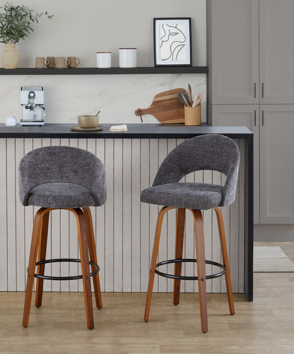 English Elm Fixed-height Mid-century Barstools with Walnut Legs and Grey Upholstered Seats Set B202S01932