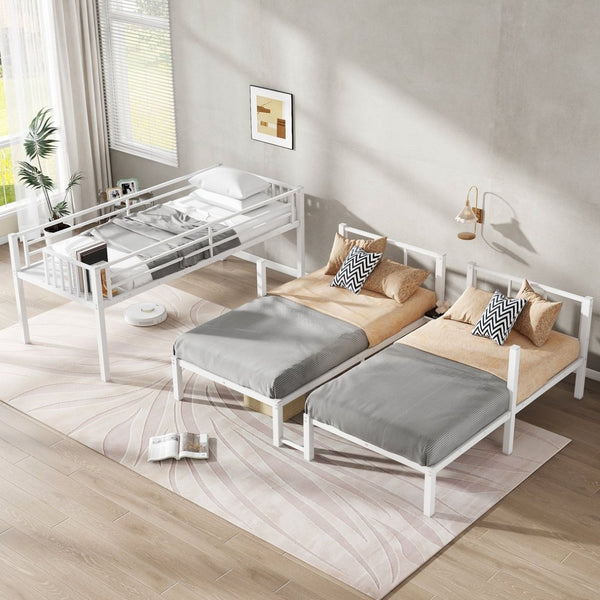 English Elm Twin Triple Bunk Bed Metal L-shaped Frame Sleeps Three Kids White Finish W1580S00567