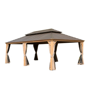 English Elm 14x24FT Hardtop Gazebo Outdoor Pavilion with Galvanized Double Roof, Aluminum Frame, Built-In Gutter System, Curtains and Mesh for Patio Garden Yellow Brown W1859S00109