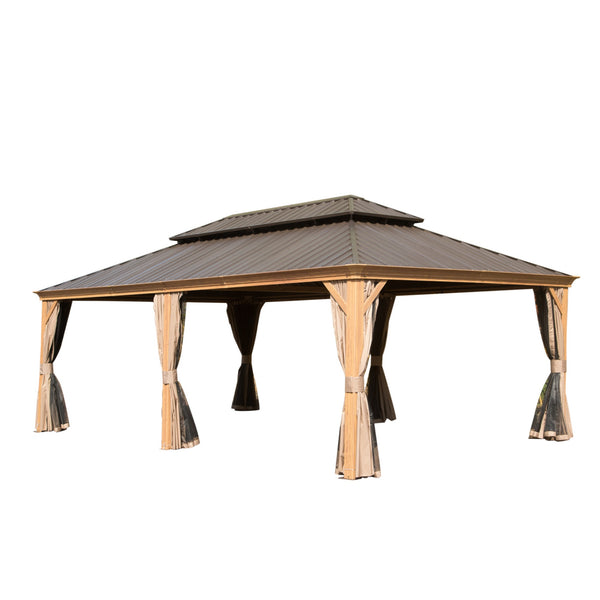 English Elm 14x24FT Hardtop Gazebo Outdoor Pavilion with Galvanized Double Roof, Aluminum Frame, Built-In Gutter System, Curtains and Mesh for Patio Garden Yellow Brown W1859S00109