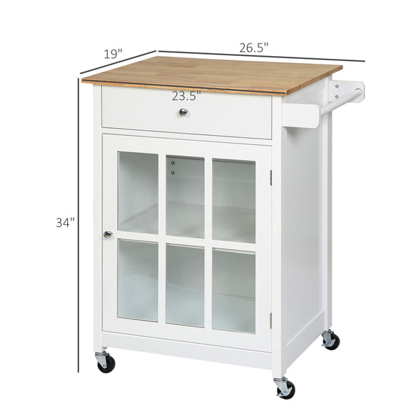 English Elm HOMCOM 27" Rolling Kitchen Island Cart with Rubber Wood Top, Drawer, Glass Door & Towel Rack W2225P217402