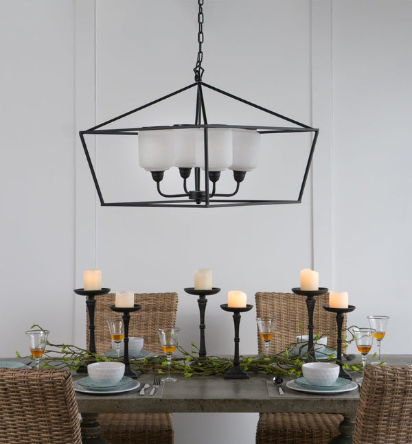 English Elm 26x26x21.9" Matte Black Iron Geometric Chandelier with Opaque Glass for Dining Foyer W2078P411230