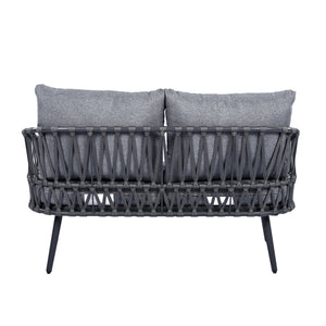 English Elm Christopher Knight Home® - 4-Piece Outdoor Patio Set with Woven Rope U-Back, Steel Frame, Thick Cushions & Acacia Table for Garden Black+Grey N780P209458G