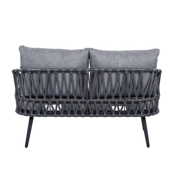 English Elm Christopher Knight Home® - 4-Piece Outdoor Patio Set with Woven Rope U-Back, Steel Frame, Thick Cushions & Acacia Table for Garden Black+Grey N780P209458G