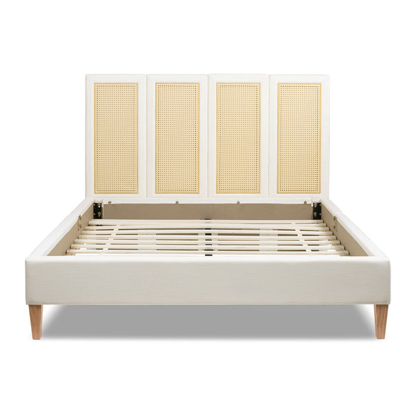 English Elm Jennifer Taylor Home - Toscana Queen Upholstered Cane Back Bed - Coastal Elegance In Antique White With Rattan Panels B2719P385736
