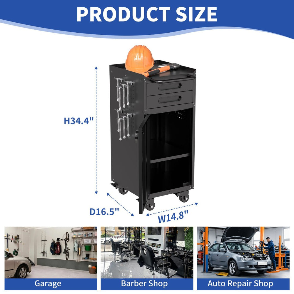 English Elm 34.3" Slim Steel Rolling Cabinet with Locking Door Two Drawers for Garage Workshop T2398P442675