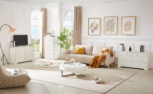 English Elm Modern Sleek 3-Drawer Chest with Antique Gold Knobs, Waterproof MDF, Anti-Tip Safety, Spacious Organizer White W1668P182252