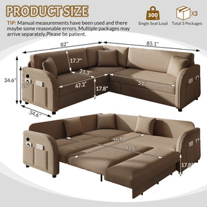 English Elm 85.1" Teddy Plush L-shaped Sectional Sleeper Sofa with Usb Ports and Pull Out Bed Brown W1885S00321