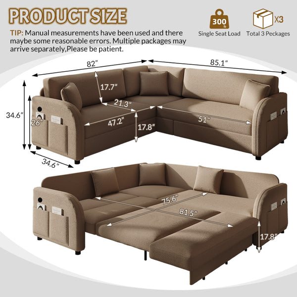 English Elm 85.1" Teddy Plush L-shaped Sectional Sleeper Sofa with Usb Ports and Pull Out Bed Brown W1885S00321