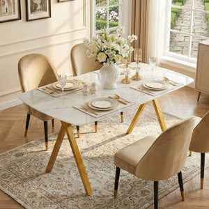 English Elm Modern-style Marble Glass Dining Table Seats Six with Sleek Black Metal Legs W5123P397477