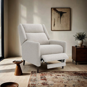 English Elm Mid-Century Psyche Pushback Recliner Linen-Look Beige High Back Channel Detail Espresso Legs - Cozy Supportful Style B2741P397641